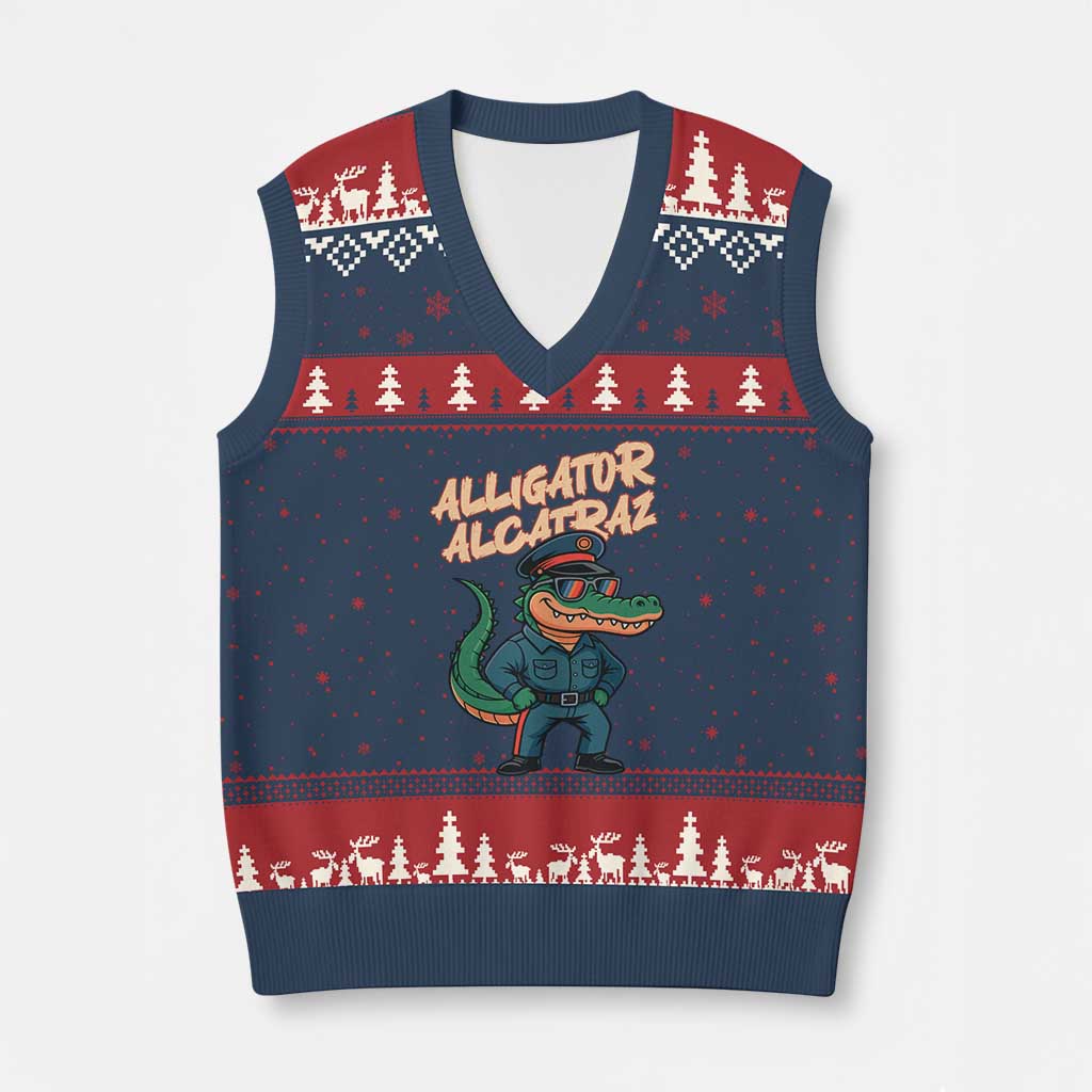 Alligator Alcatraz Political V-Neck Knit Sweater Vest Funny Florida Gator Cop with Attitude TS02 Navy Red Print Your Wear