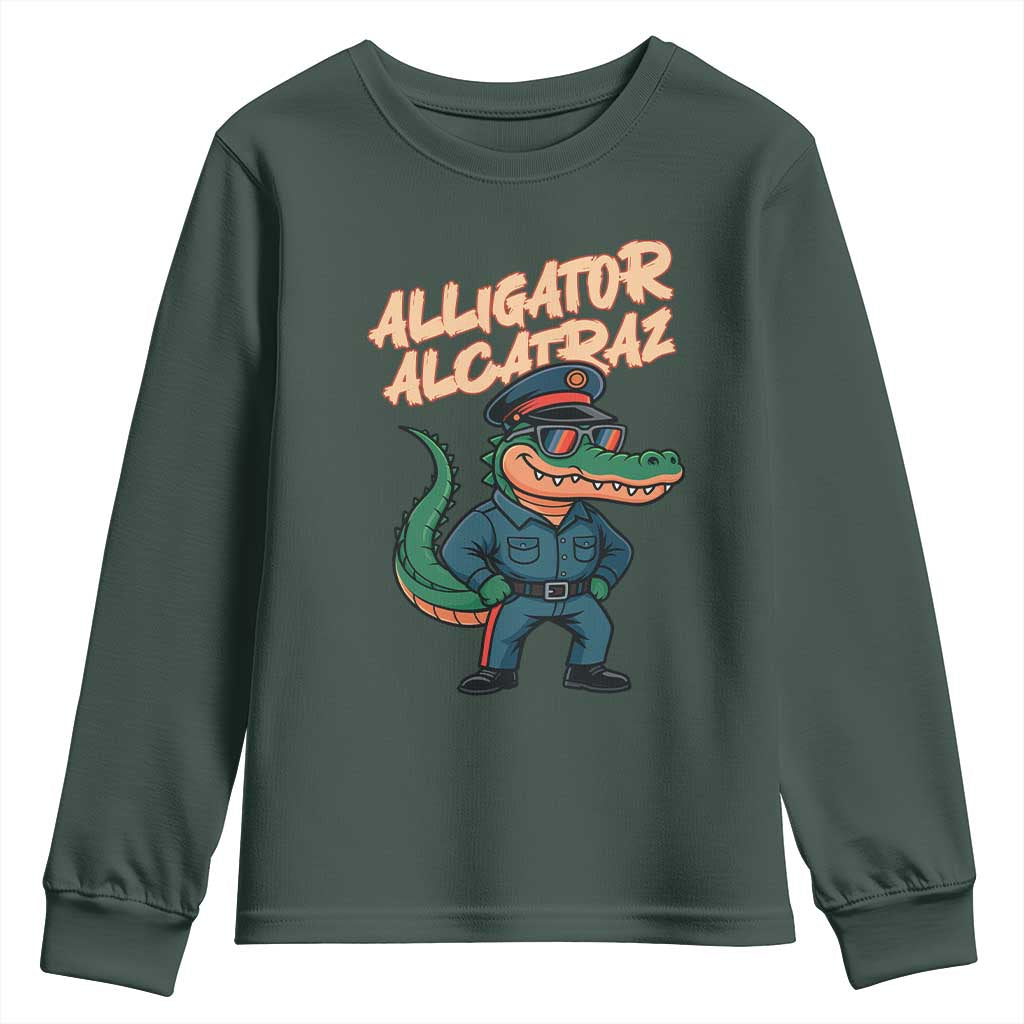 Alligator Alcatraz Political Youth Sweatshirt Funny Florida Gator Cop with Attitude TS02 Dark Forest Green Print Your Wear