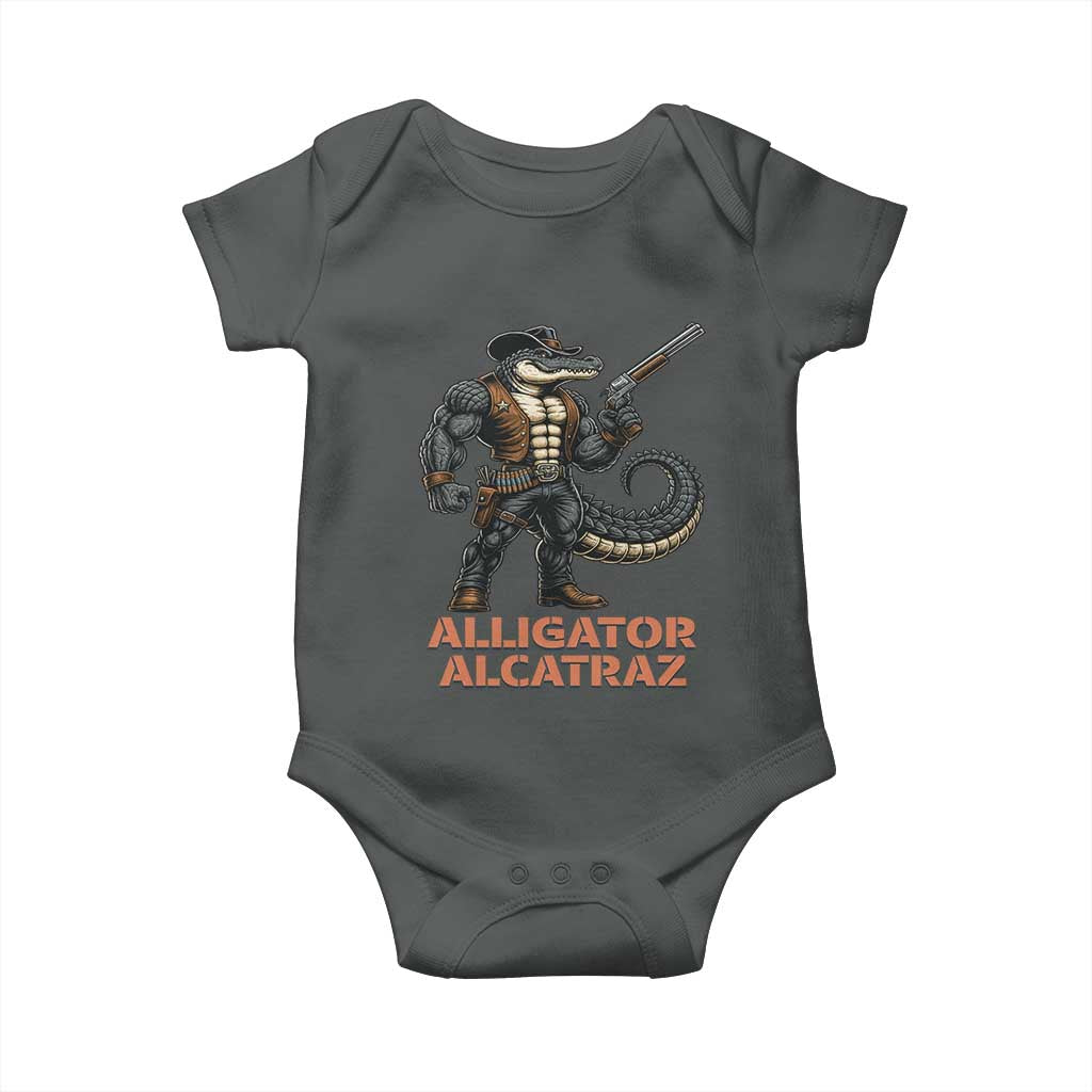 Alligator Alcatraz Gunslinger Baby Onesie Swamp Outlaw Satire Patriotic Rebel TS02 Dark Heather Print Your Wear