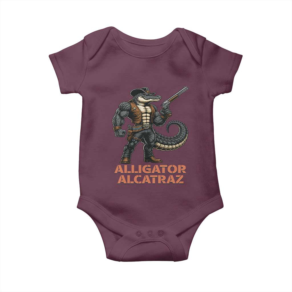 Alligator Alcatraz Gunslinger Baby Onesie Swamp Outlaw Satire Patriotic Rebel TS02 Maroon Print Your Wear