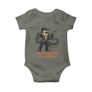 Alligator Alcatraz Gunslinger Baby Onesie Swamp Outlaw Satire Patriotic Rebel TS02 Military Green Print Your Wear