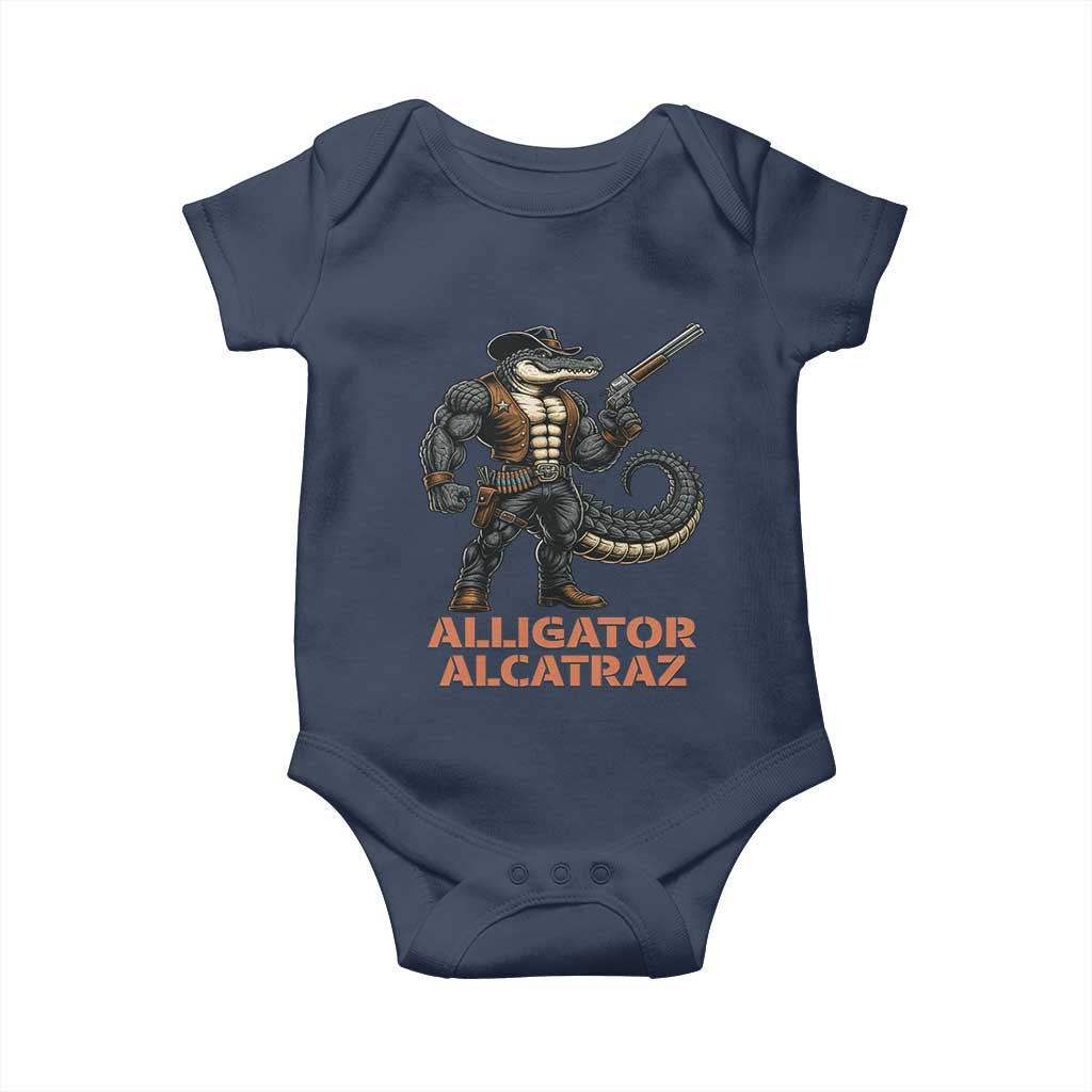 Alligator Alcatraz Gunslinger Baby Onesie Swamp Outlaw Satire Patriotic Rebel TS02 Navy Print Your Wear