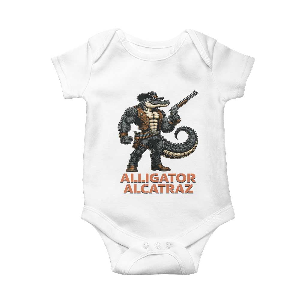 Alligator Alcatraz Gunslinger Baby Onesie Swamp Outlaw Satire Patriotic Rebel TS02 White Print Your Wear