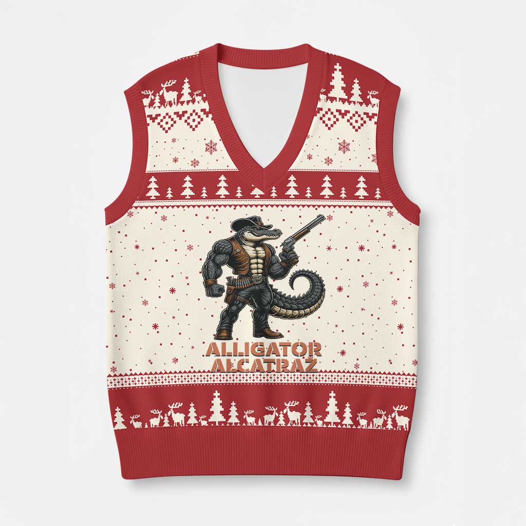 Alligator Alcatraz Gunslinger V-Neck Knit Sweater Vest Swamp Outlaw Satire Patriotic Rebel TS02 Beige Red Print Your Wear