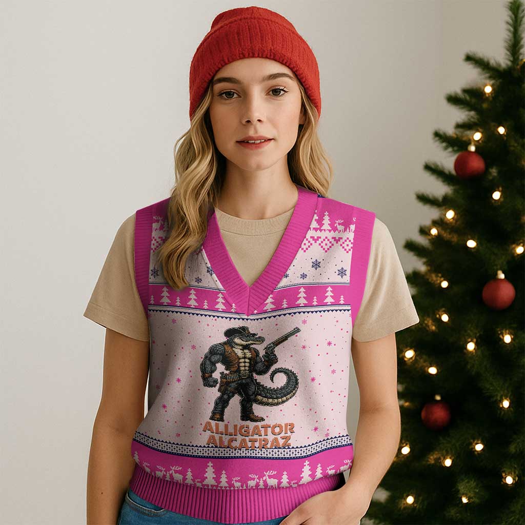 Alligator Alcatraz Gunslinger V-Neck Knit Sweater Vest Swamp Outlaw Satire Patriotic Rebel TS02 Hot Pink Print Your Wear