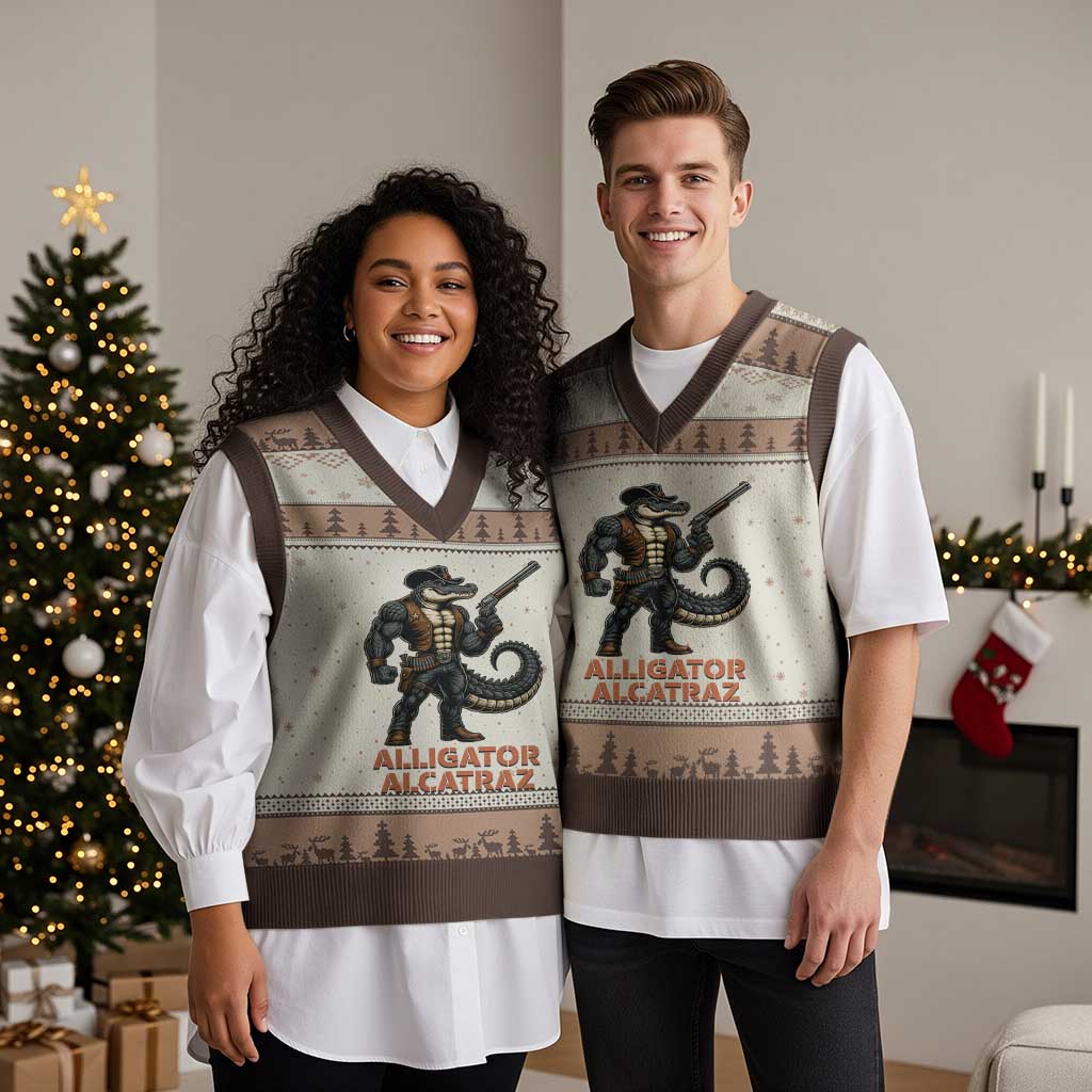 Alligator Alcatraz Gunslinger V-Neck Knit Sweater Vest Swamp Outlaw Satire Patriotic Rebel TS02 Mocha Mousse Print Your Wear
