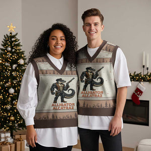 Alligator Alcatraz Gunslinger V-Neck Knit Sweater Vest Swamp Outlaw Satire Patriotic Rebel TS02 Mocha Mousse Print Your Wear