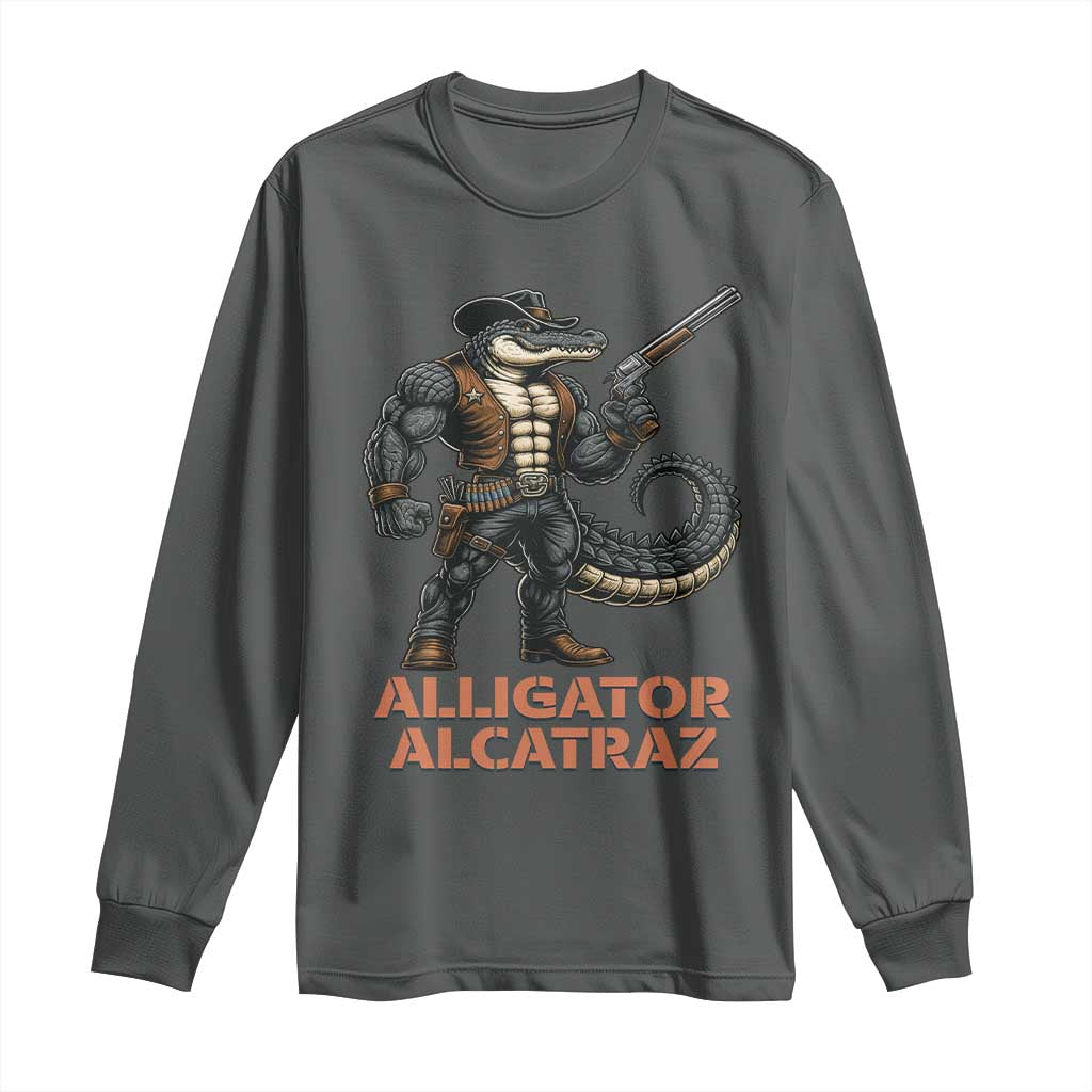 Alligator Alcatraz Gunslinger Long Sleeve Shirt Swamp Outlaw Satire Patriotic Rebel TS02 Dark Heather Print Your Wear
