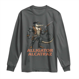Alligator Alcatraz Gunslinger Long Sleeve Shirt Swamp Outlaw Satire Patriotic Rebel TS02 Dark Heather Print Your Wear