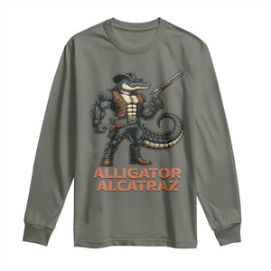 Alligator Alcatraz Gunslinger Long Sleeve Shirt Swamp Outlaw Satire Patriotic Rebel TS02 Military Green Print Your Wear