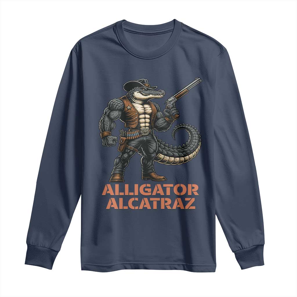 Alligator Alcatraz Gunslinger Long Sleeve Shirt Swamp Outlaw Satire Patriotic Rebel TS02 Navy Print Your Wear