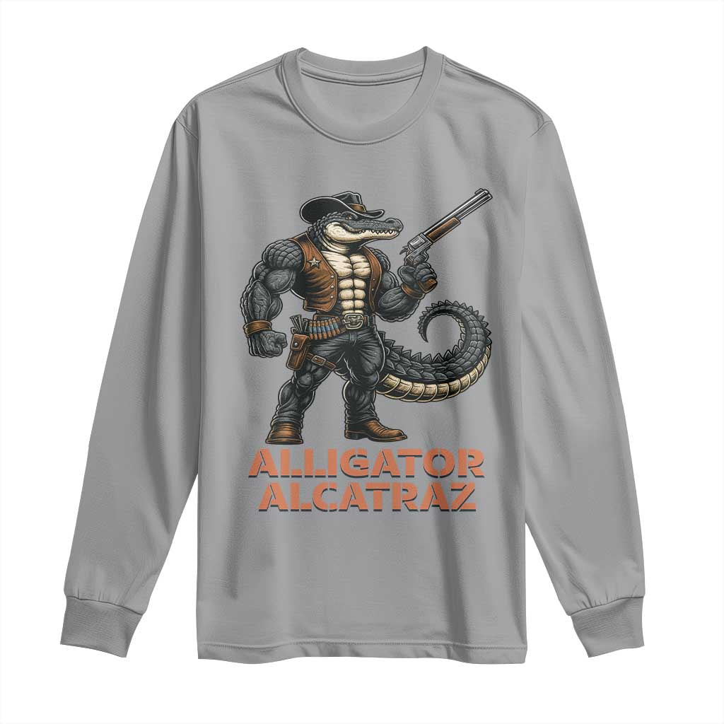 Alligator Alcatraz Gunslinger Long Sleeve Shirt Swamp Outlaw Satire Patriotic Rebel TS02 Sport Gray Print Your Wear