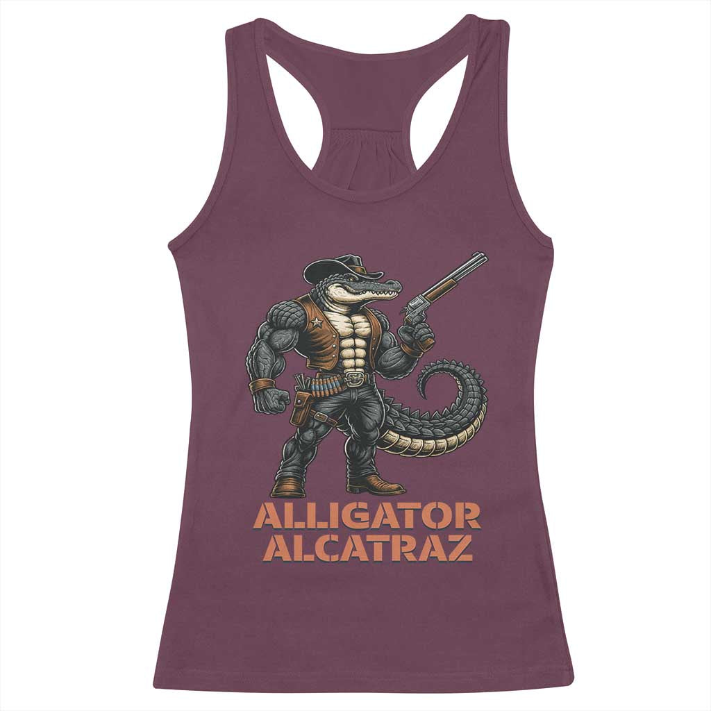 Alligator Alcatraz Gunslinger Racerback Tank Top Swamp Outlaw Satire Patriotic Rebel TS02 Maroon Print Your Wear
