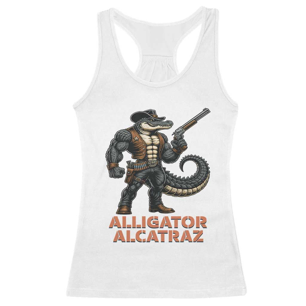 Alligator Alcatraz Gunslinger Racerback Tank Top Swamp Outlaw Satire Patriotic Rebel TS02 White Print Your Wear