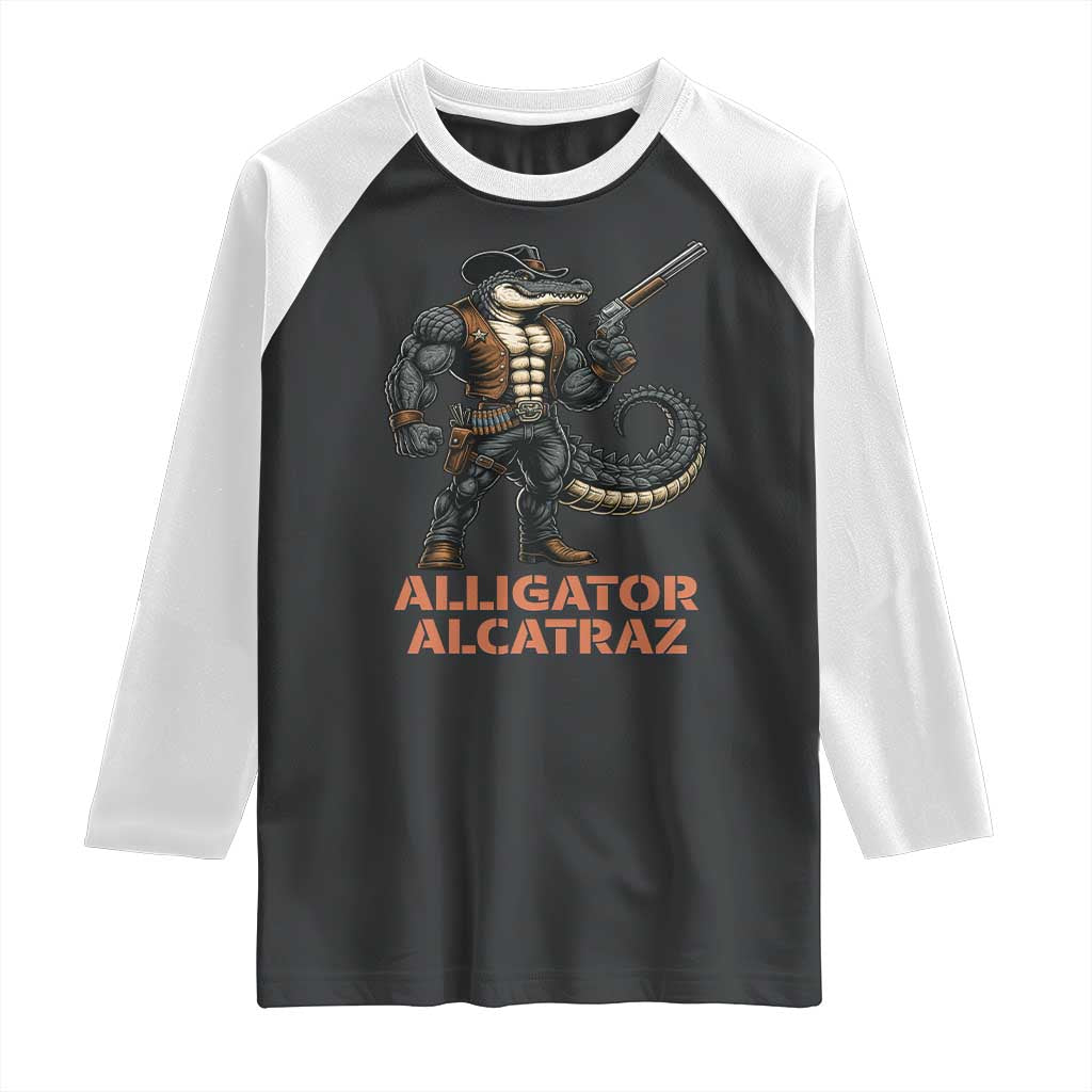 Alligator Alcatraz Gunslinger Raglan Shirt Swamp Outlaw Satire Patriotic Rebel TS02 Black White Print Your Wear