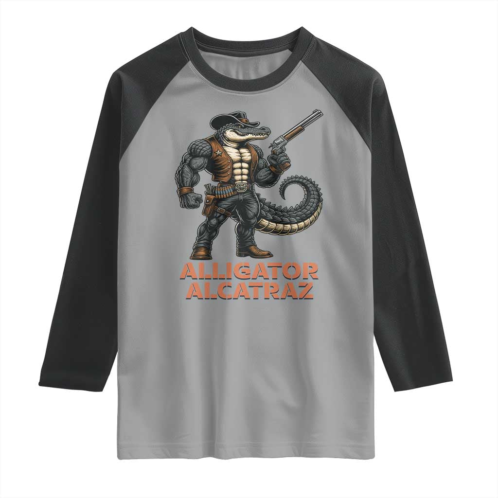 Alligator Alcatraz Gunslinger Raglan Shirt Swamp Outlaw Satire Patriotic Rebel TS02 Sport Gray Black Print Your Wear