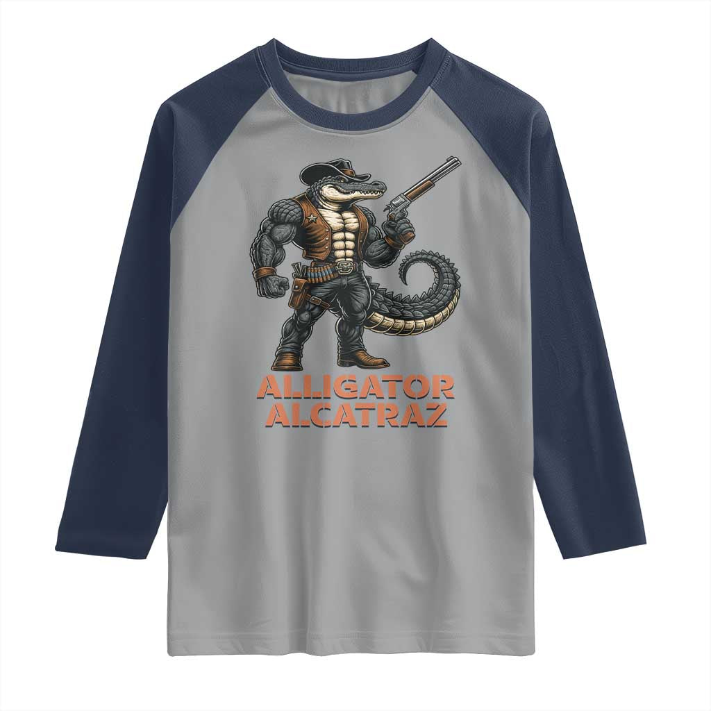 Alligator Alcatraz Gunslinger Raglan Shirt Swamp Outlaw Satire Patriotic Rebel TS02 Sport Gray Navy Print Your Wear