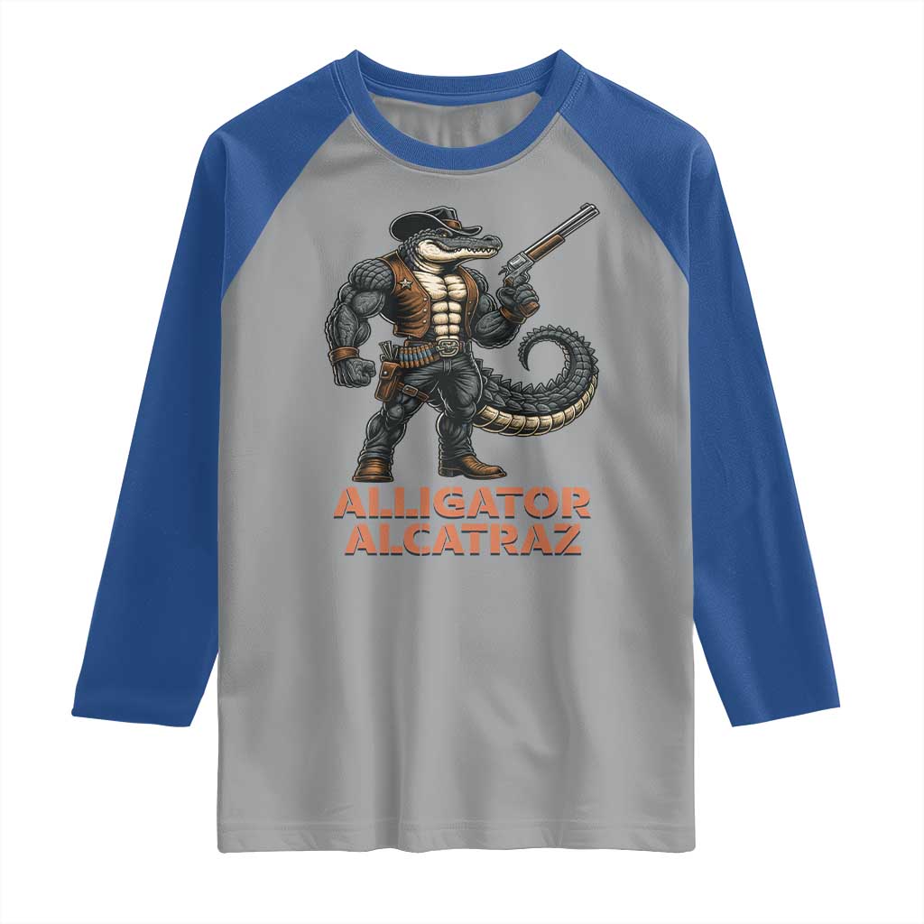 Alligator Alcatraz Gunslinger Raglan Shirt Swamp Outlaw Satire Patriotic Rebel TS02 Sport Gray Royal Print Your Wear
