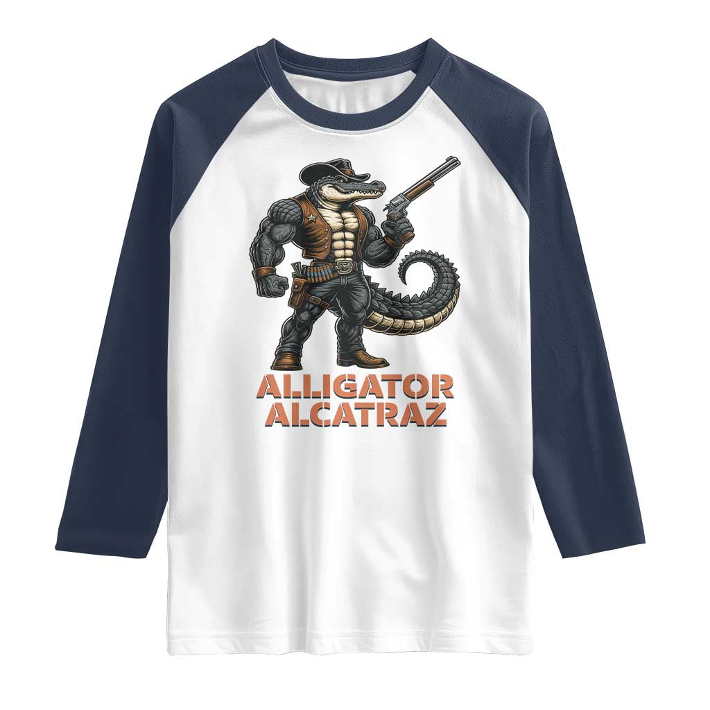 Alligator Alcatraz Gunslinger Raglan Shirt Swamp Outlaw Satire Patriotic Rebel TS02 White Navy Print Your Wear