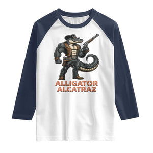 Alligator Alcatraz Gunslinger Raglan Shirt Swamp Outlaw Satire Patriotic Rebel TS02 White Navy Print Your Wear
