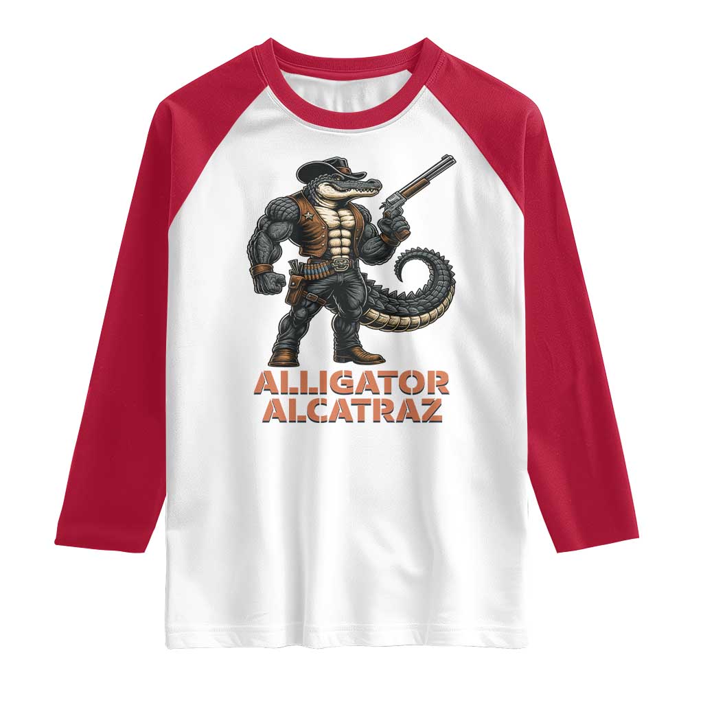 Alligator Alcatraz Gunslinger Raglan Shirt Swamp Outlaw Satire Patriotic Rebel TS02 White Red Print Your Wear