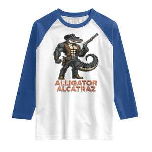 Alligator Alcatraz Gunslinger Raglan Shirt Swamp Outlaw Satire Patriotic Rebel TS02 White Royal Print Your Wear