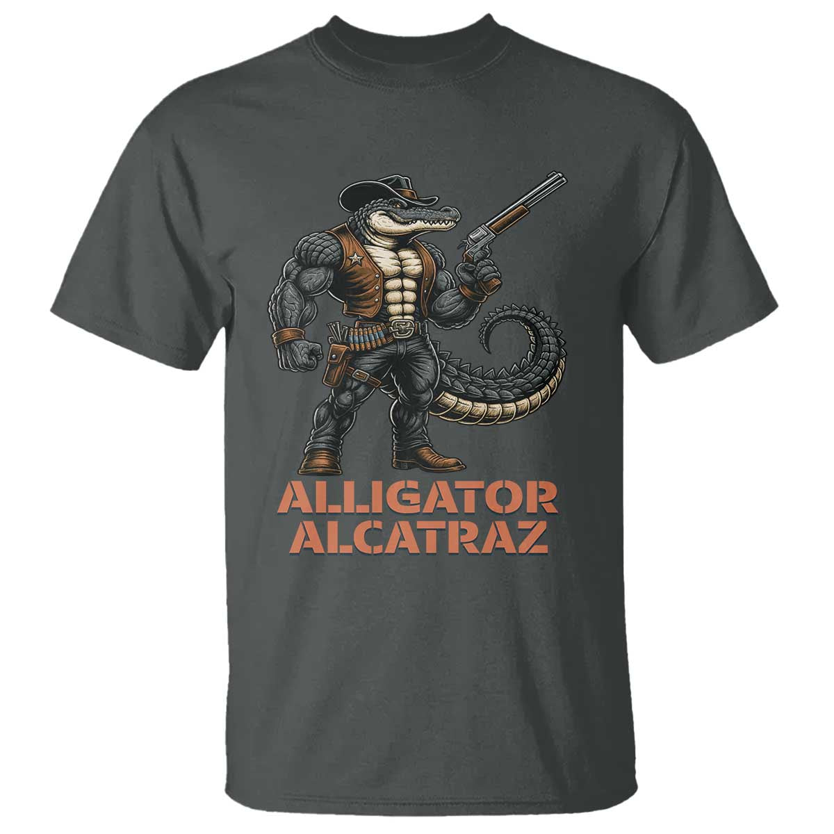 Alligator Alcatraz Gunslinger T Shirt Swamp Outlaw Satire Patriotic Rebel TS02 Dark Heather Print Your Wear