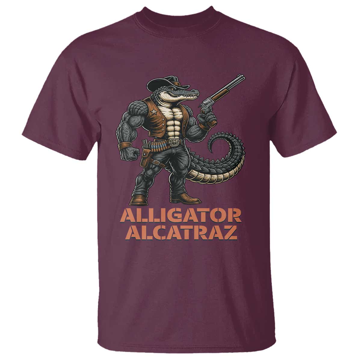 Alligator Alcatraz Gunslinger T Shirt Swamp Outlaw Satire Patriotic Rebel TS02 Maroon Print Your Wear