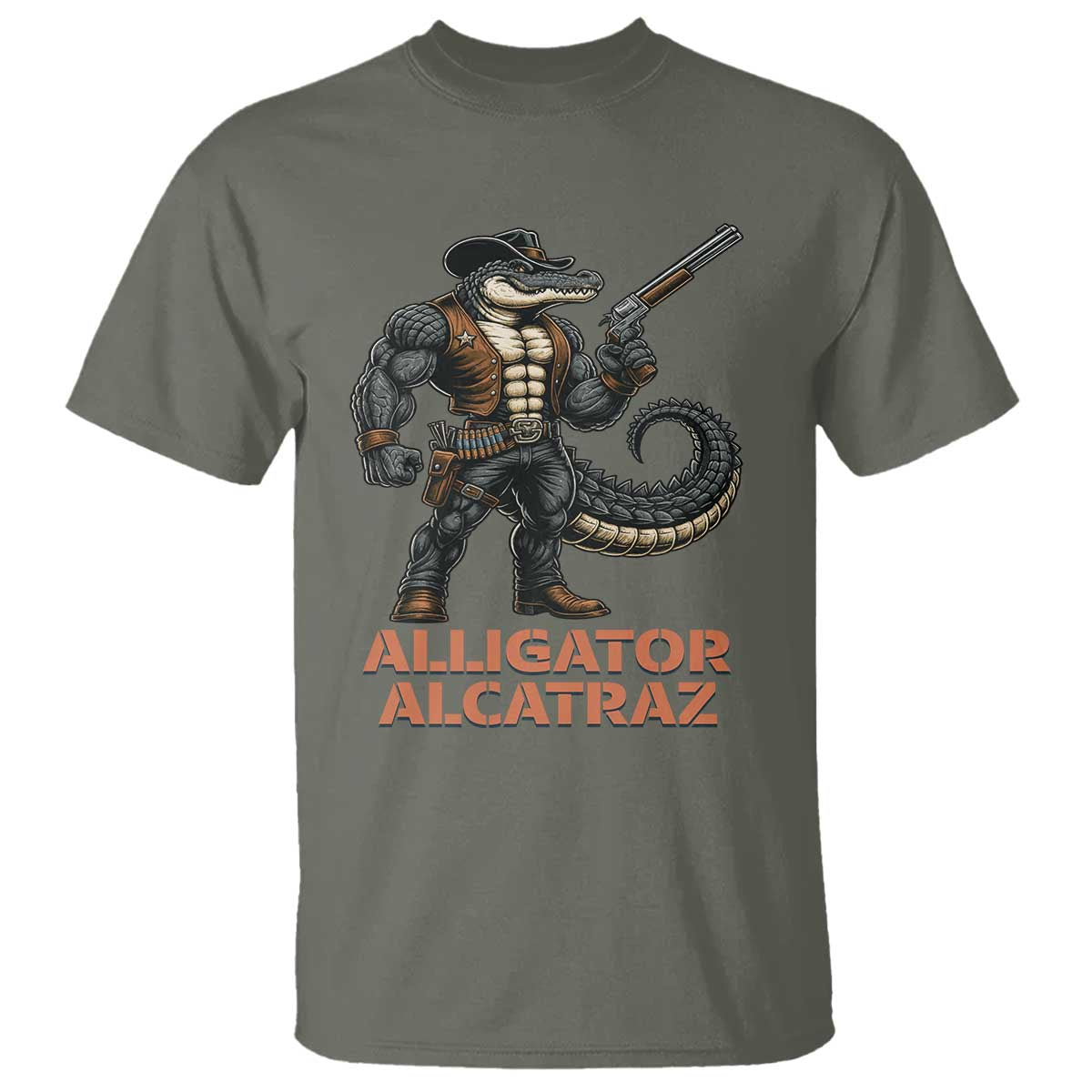 Alligator Alcatraz Gunslinger T Shirt Swamp Outlaw Satire Patriotic Rebel TS02 Military Green Print Your Wear