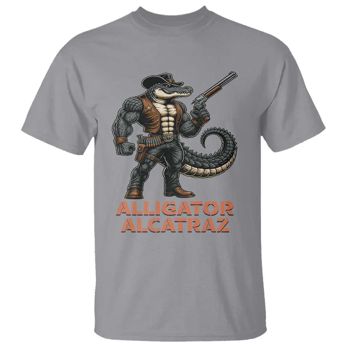 Alligator Alcatraz Gunslinger T Shirt Swamp Outlaw Satire Patriotic Rebel TS02 Sport Gray Print Your Wear