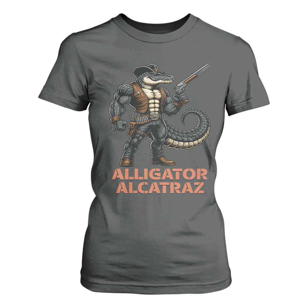 Alligator Alcatraz Gunslinger T Shirt For Women Swamp Outlaw Satire Patriotic Rebel TS02 Dark Heather Print Your Wear