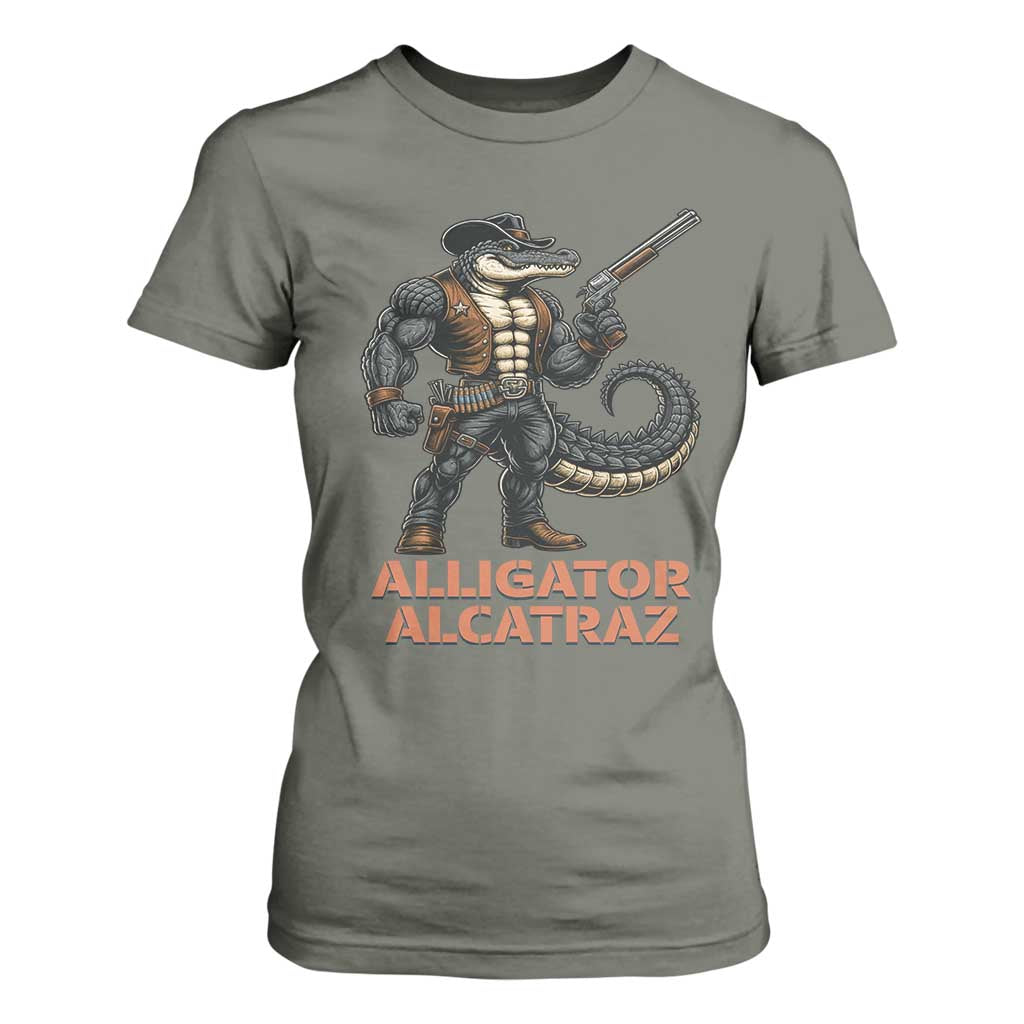 Alligator Alcatraz Gunslinger T Shirt For Women Swamp Outlaw Satire Patriotic Rebel TS02 Military Green Print Your Wear