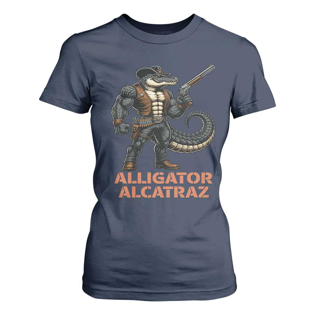 Alligator Alcatraz Gunslinger T Shirt For Women Swamp Outlaw Satire Patriotic Rebel TS02 Navy Print Your Wear
