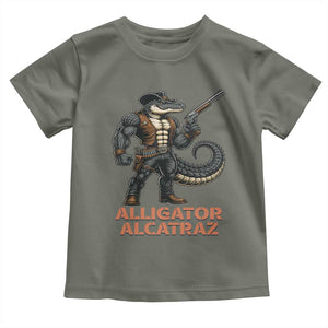 Alligator Alcatraz Gunslinger Toddler T Shirt Swamp Outlaw Satire Patriotic Rebel TS02 Military Green Print Your Wear