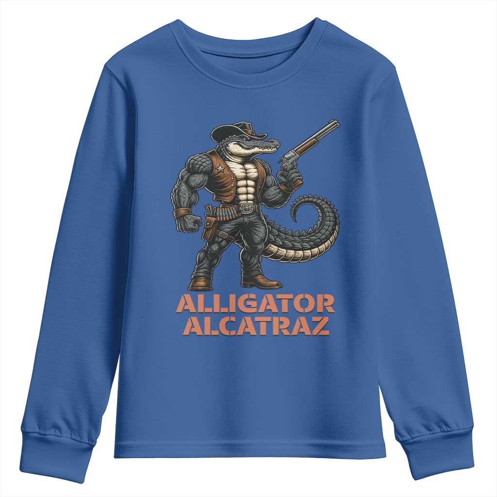 Alligator Alcatraz Gunslinger Youth Sweatshirt Swamp Outlaw Satire Patriotic Rebel TS02 Royal Blue Print Your Wear