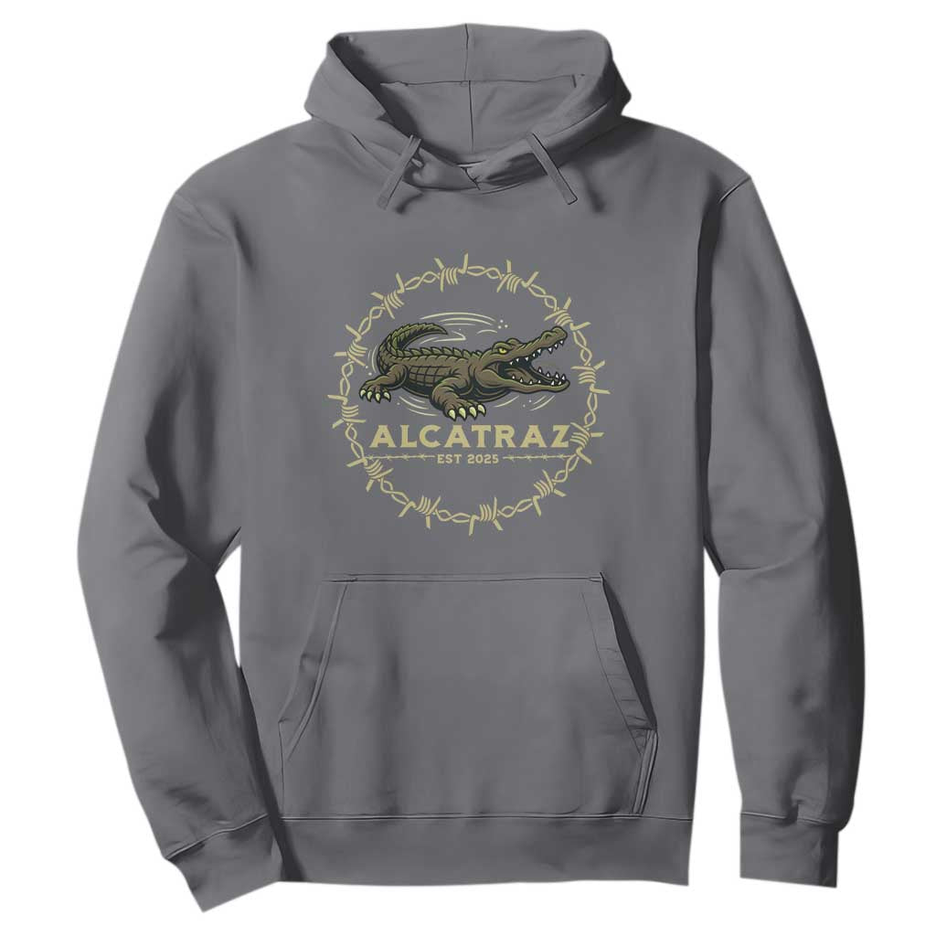 Alligator Alcatraz 2025 Hoodie Gator Lockdown Political Satire Barbed Wire Swamp Humor TS02 Charcoal Print Your Wear