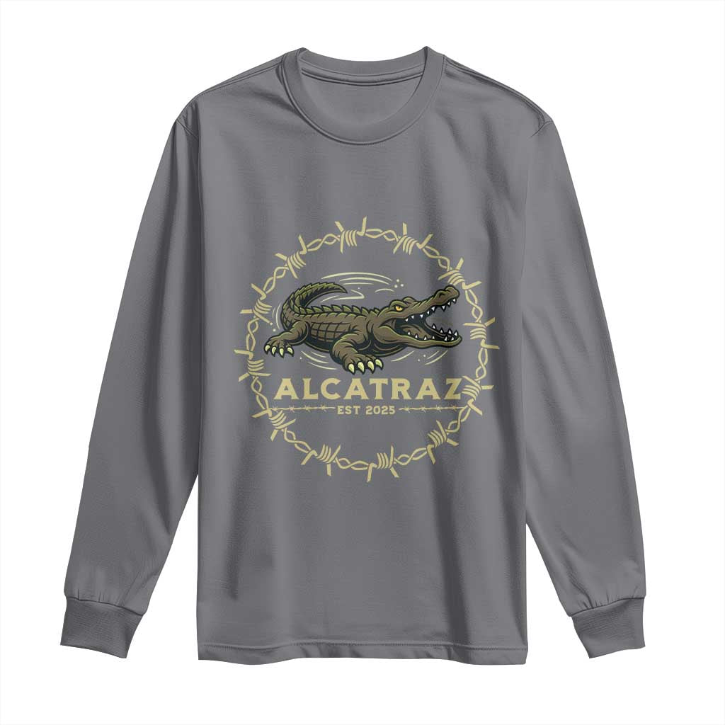 Alligator Alcatraz 2025 Long Sleeve Shirt Gator Lockdown Political Satire Barbed Wire Swamp Humor TS02 Charcoal Print Your Wear