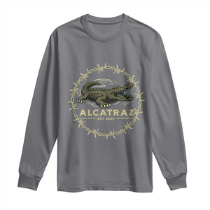 Alligator Alcatraz 2025 Long Sleeve Shirt Gator Lockdown Political Satire Barbed Wire Swamp Humor TS02 Charcoal Print Your Wear