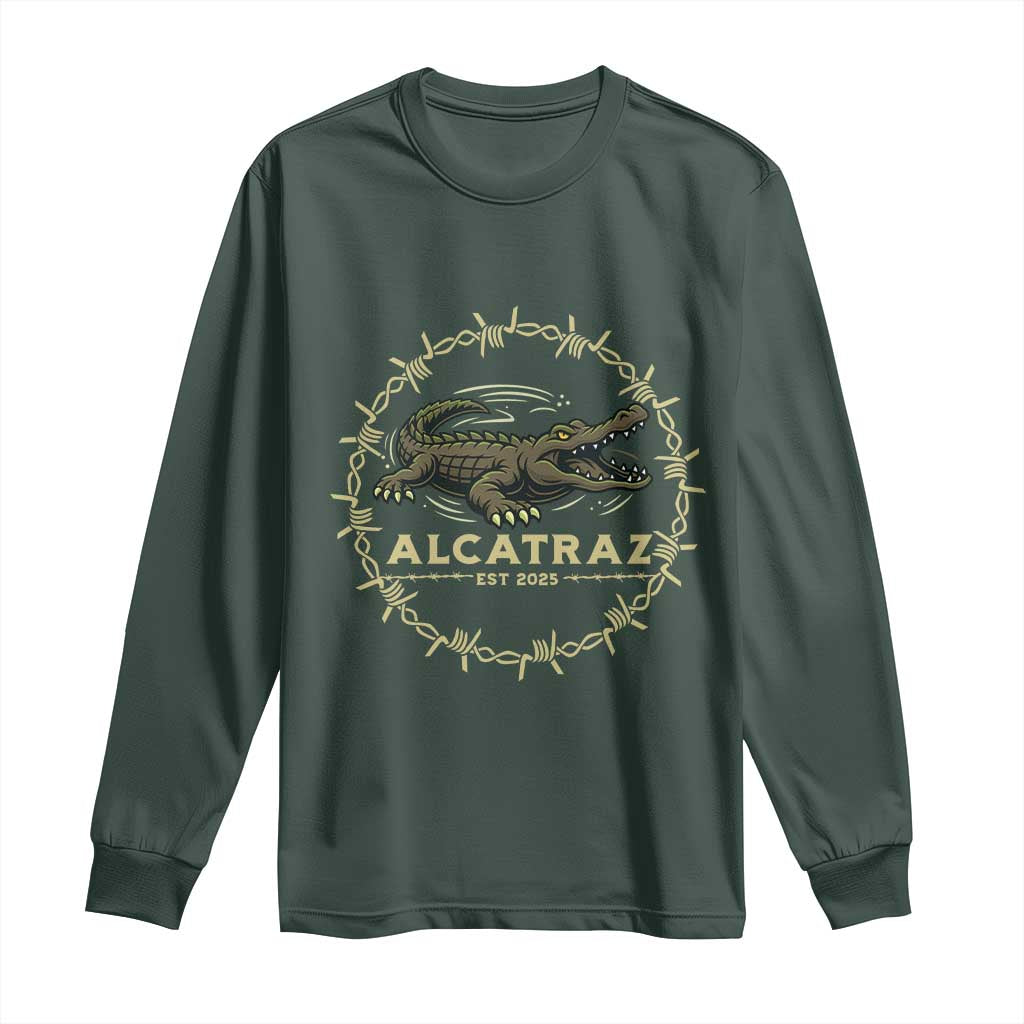 Alligator Alcatraz 2025 Long Sleeve Shirt Gator Lockdown Political Satire Barbed Wire Swamp Humor TS02 Dark Forest Green Print Your Wear