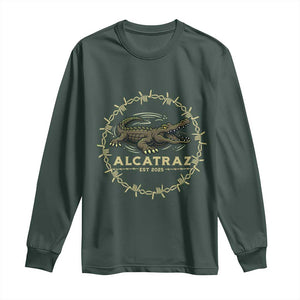 Alligator Alcatraz 2025 Long Sleeve Shirt Gator Lockdown Political Satire Barbed Wire Swamp Humor TS02 Dark Forest Green Print Your Wear