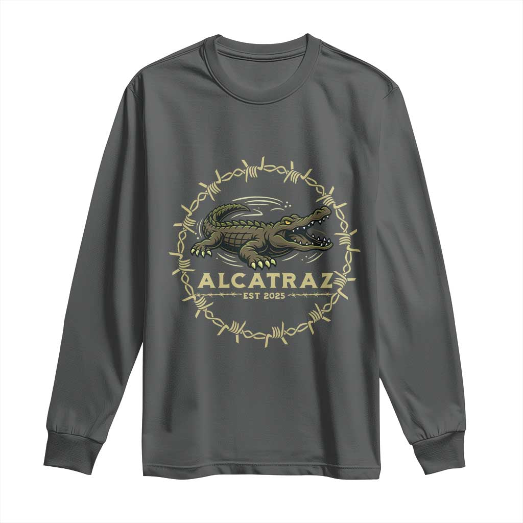 Alligator Alcatraz 2025 Long Sleeve Shirt Gator Lockdown Political Satire Barbed Wire Swamp Humor TS02 Dark Heather Print Your Wear