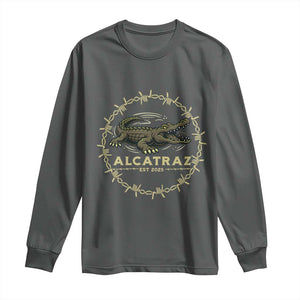 Alligator Alcatraz 2025 Long Sleeve Shirt Gator Lockdown Political Satire Barbed Wire Swamp Humor TS02 Dark Heather Print Your Wear
