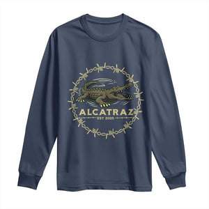 Alligator Alcatraz 2025 Long Sleeve Shirt Gator Lockdown Political Satire Barbed Wire Swamp Humor TS02 Navy Print Your Wear
