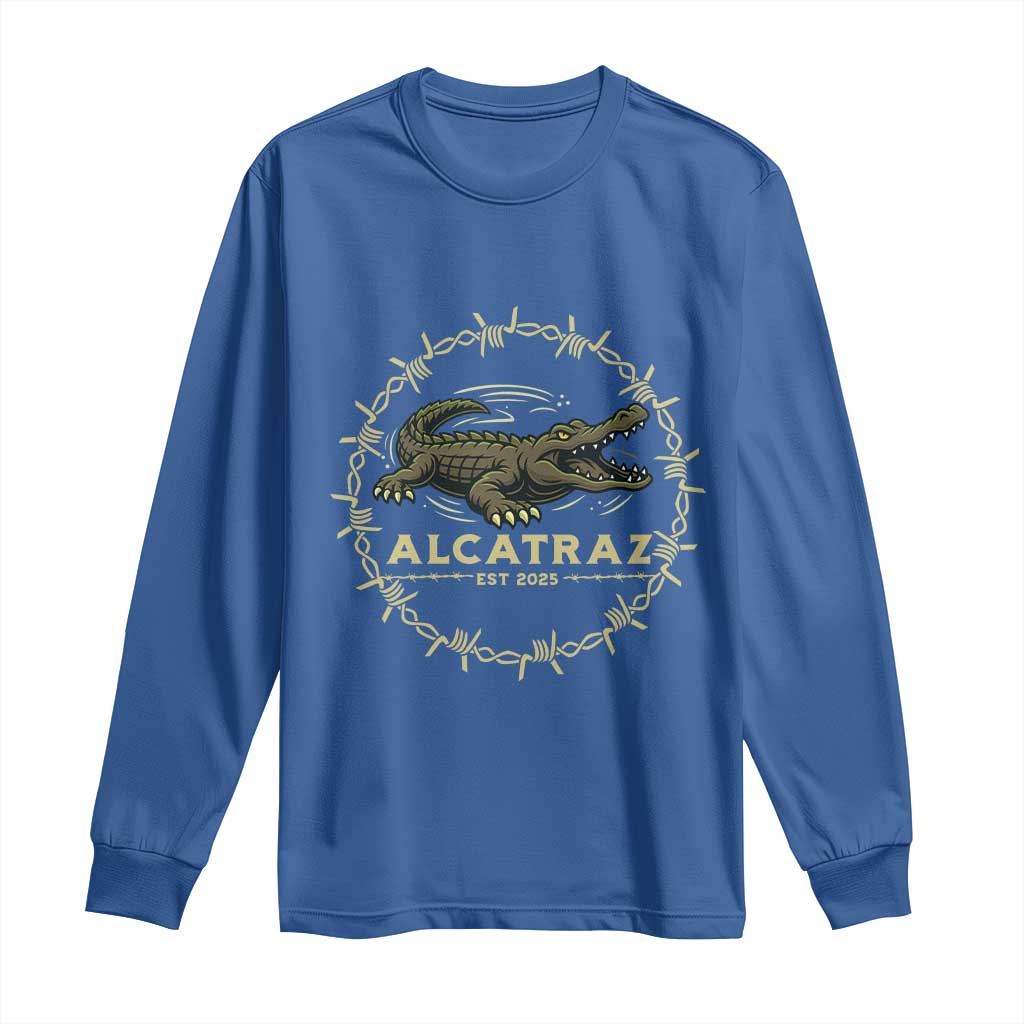 Alligator Alcatraz 2025 Long Sleeve Shirt Gator Lockdown Political Satire Barbed Wire Swamp Humor TS02 Royal Blue Print Your Wear