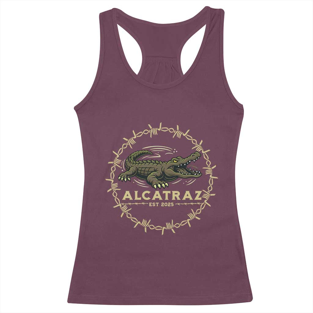Alligator Alcatraz 2025 Racerback Tank Top Gator Lockdown Political Satire Barbed Wire Swamp Humor TS02 Maroon Print Your Wear