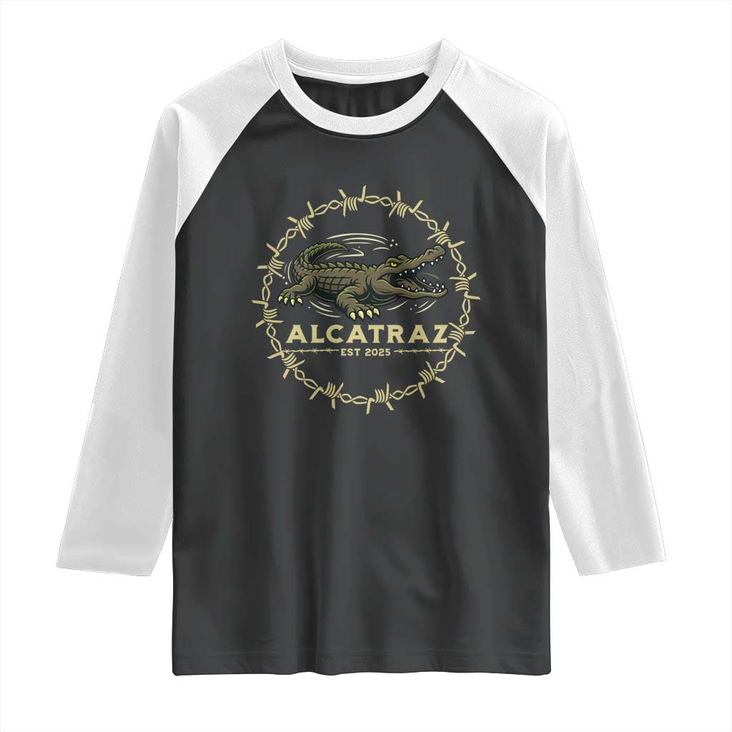 Alligator Alcatraz 2025 Raglan Shirt Gator Lockdown Political Satire Barbed Wire Swamp Humor TS02 Black White Print Your Wear