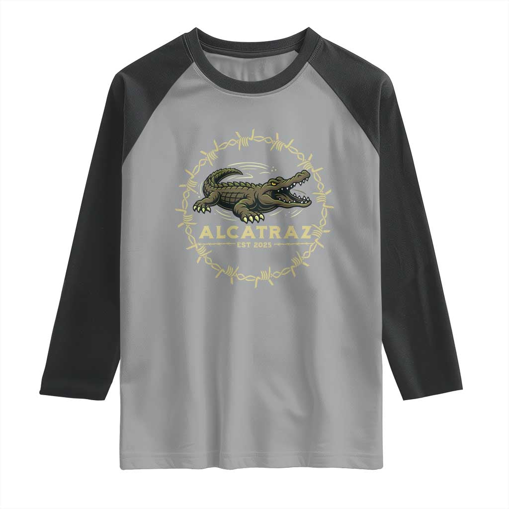 Alligator Alcatraz 2025 Raglan Shirt Gator Lockdown Political Satire Barbed Wire Swamp Humor TS02 Sport Gray Black Print Your Wear
