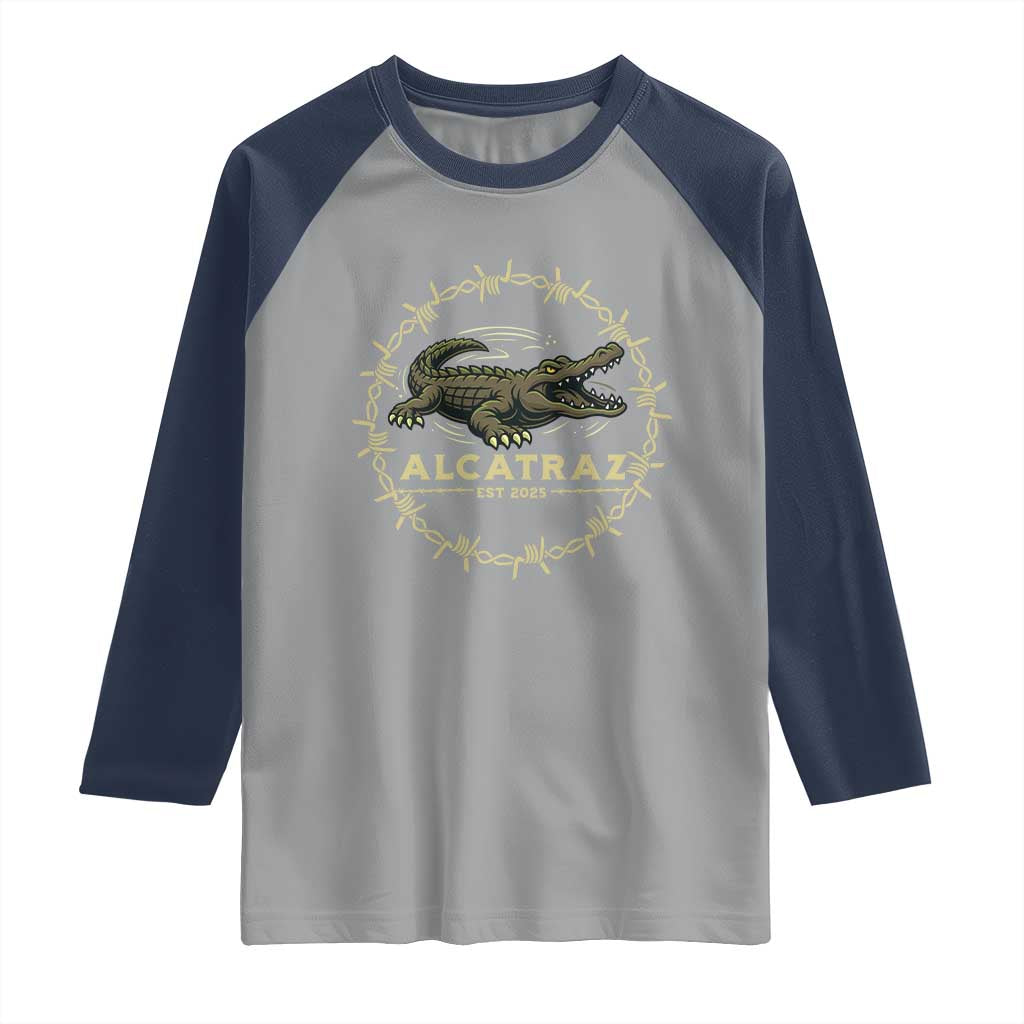 Alligator Alcatraz 2025 Raglan Shirt Gator Lockdown Political Satire Barbed Wire Swamp Humor TS02 Sport Gray Navy Print Your Wear