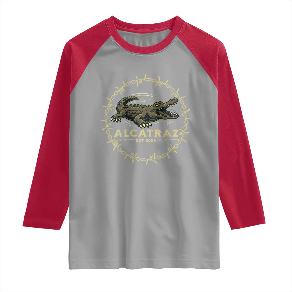 Alligator Alcatraz 2025 Raglan Shirt Gator Lockdown Political Satire Barbed Wire Swamp Humor TS02 Sport Gray Red Print Your Wear