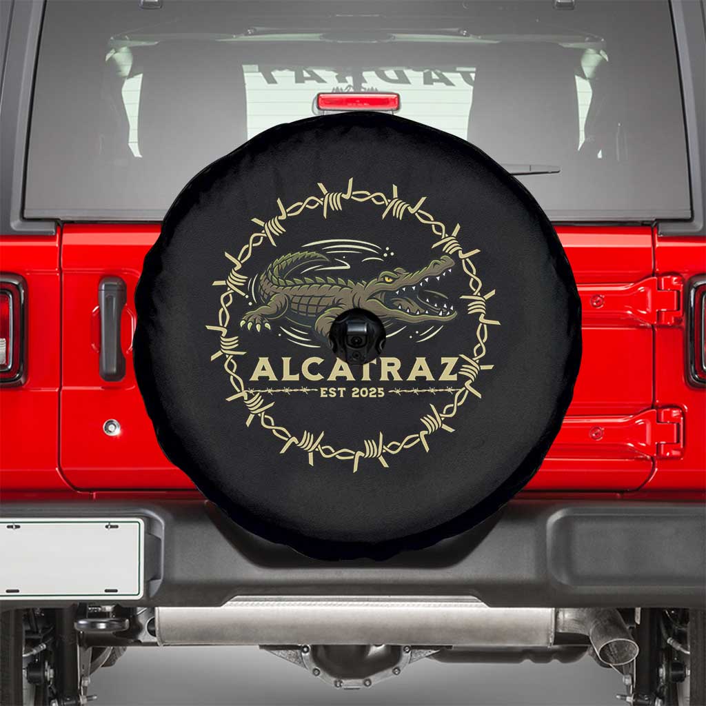 Alligator Alcatraz 2025 Spare Tire Cover Gator Lockdown Political Satire Barbed Wire Swamp Humor TS02 Black Print Your Wear